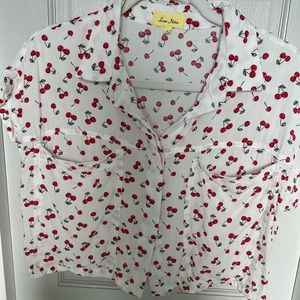 Cropped, cap sleeved “cherries” button shirt